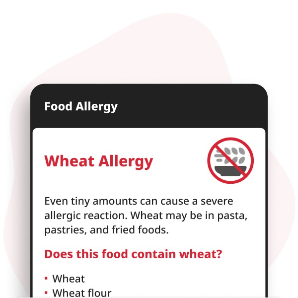 Tarweallergie Digitale Kaart weergegeven op een smartphone, met allergie-informatie voor tarwe en tarwe-bevattende ingrediënten zoals brood, pasta, gebakken producten en ontbijtgranen.