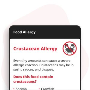 Schaaldieren-allergie Digitale Kaart weergegeven op een smartphone, met allergie-informatie voor garnalen, krab, kreeft en rivierkreeft.