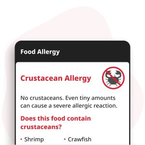 Schaaldieren-allergie Digitale Kaart weergegeven op een smartphone, met allergie-informatie voor garnalen, krab, kreeft en rivierkreeft.