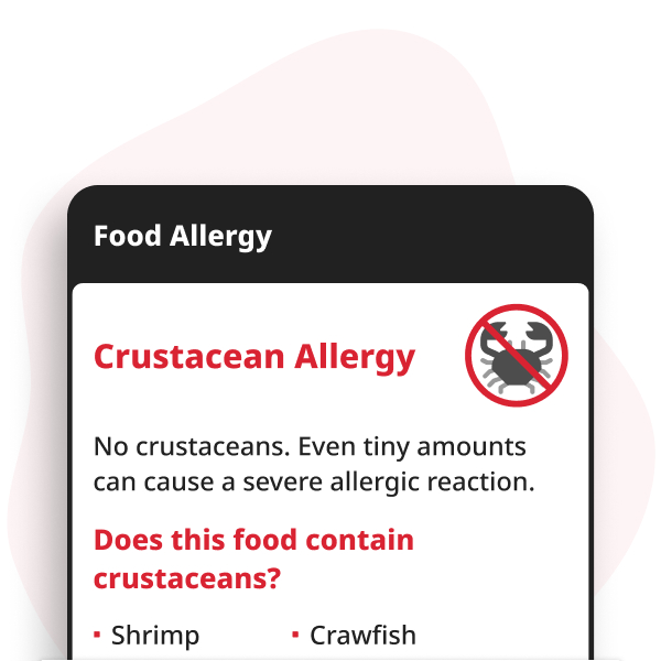 Crustacean Allergy Digital Card displayed on a smartphone, showing allergy information for shrimp, crab, lobster, and crayfish.