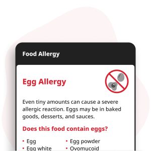 Ei-allergie Digitale Kaart weergegeven op een smartphone, met allergie-informatie voor eieren en ingrediënten die eieren bevatten in gebakken producten, sauzen, dressings en mayonaise.