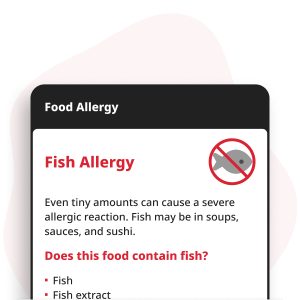 Visallergie Digitale Kaart weergegeven op een smartphone, met allergie-informatie voor zalm, tonijn, kabeljauw en forel.