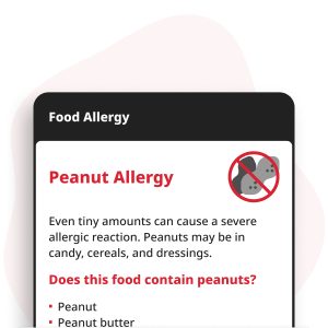 Pinda-allergie Digitale Kaart weergegeven op een smartphone, met allergie-informatie voor pinda's en pindakaas.