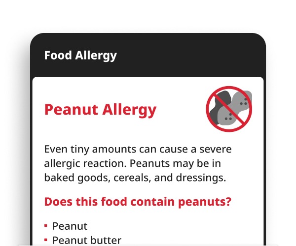 Peanut Allergy Digital Card displayed on a smartphone, showing allergy information for peanuts and peanut butter.