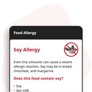 Melkallergie Digitale Kaart weergegeven op een smartphone, met allergie-informatie voor soja, tofu, sojamelk en sojasaus.