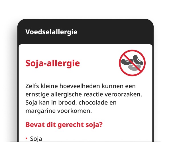 Soy Allergy Digital Card displayed on a smartphone, showing allergy information for soy, tofu, soy milk, and soy sauce.