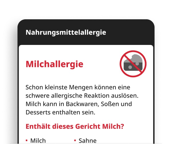 Milk Allergy Digital Card displayed on a smartphone, showing allergy information for milk, cheese, butter, and yogurt.