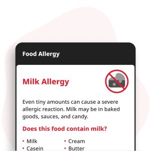 Melkallergie Digitale Kaart weergegeven op een smartphone, met allergie-informatie voor melk, kaas, boter en yoghurt.