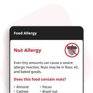 Notenallergie Digitale Kaart weergegeven op een smartphone, met allergie-informatie voor amandelen, cashews, hazelnoten, walnoten, pistaches en paranoten.