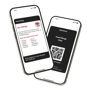Nut Allergy Digital Card displayed on a smartphone, showing allergy information for almonds, cashews, hazelnuts, walnuts, pistachios, and Brazil nuts.