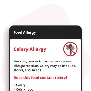 Selderij-allergie Digitale Kaart weergegeven op een smartphone, met allergie-informatie voor selderij en van selderij afgeleide ingrediënten in soepen, bouillon, sauzen en salades.