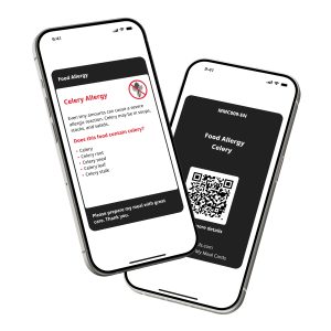 Celery Allergy Digital Card displayed on a smartphone, showing allergy information for celery and celery-derived ingredients found in soups, stocks, sauces, and salads.