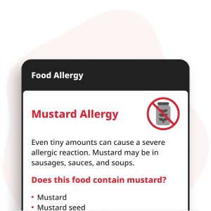 Mosterdallergie Digitale Kaart weergegeven op een smartphone, met allergie-informatie voor mosterd en mosterdbevattende ingrediënten zoals sauzen, dressings en specerijen.
