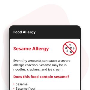 Sesam-allergie Digitale Kaart weergegeven op een smartphone, met allergie-informatie voor sesamzaden, tahini, hummus en sesamolie.