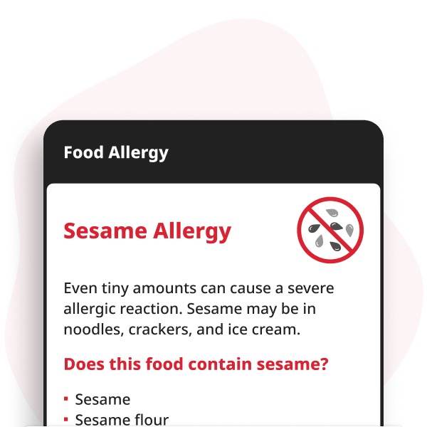 Sesam-allergie Digitale Kaart weergegeven op een smartphone, met allergie-informatie voor sesamzaden, tahini, hummus en sesamolie.