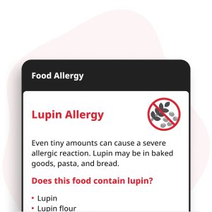 Lupine-allergie Digitale Kaart weergegeven op een smartphone, met allergie-informatie voor lupine-allergie, gebakken producten, pasta, koekjes en sommige vegetarische producten.