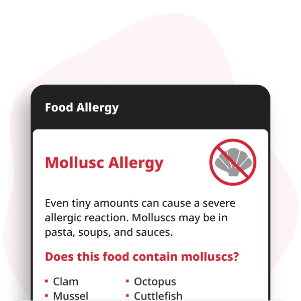 Weekdierenallergie Digitale Kaart weergegeven op een smartphone, met allergie-informatie voor venusschelpen, mosselen, oesters, sint-jakobsschelp, inktvis en octopus.