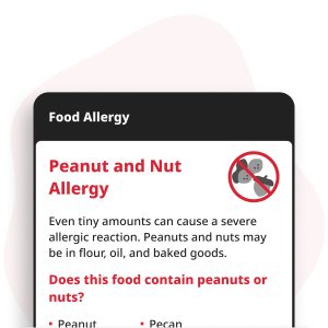 Pinda- en notenallergie Digitale Kaart weergegeven op een smartphone, met allergie-informatie voor pinda's, pindakaas, amandelen, cashews, hazelnoten, walnoten, pistachenoten en Paranoten.