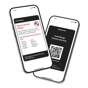 Peanut and Nut Allergy Digital Card displayed on a smartphone, showing allergy information for peanuts, peanut butter, almonds, cashews, hazelnuts, walnuts, pistachios, and Brazil nuts.