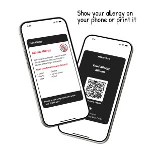 Lookachtigen-allergie Digitale Kaart weergegeven op een smartphone, met allergie-informatie voor knoflook, uien, prei, bieslook en sjalotten.