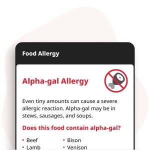 Alfa-gal-allergie Digitale Kaart weergegeven op een smartphone, die allergie-informatie toont voor rood vlees zoals rundvlees, varkensvlees, lam, wildvlees en van zoogdieren afgeleide producten zoals gelatine.