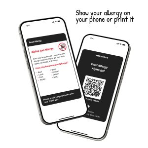 Alfa-gal-allergie Digitale Kaart weergegeven op een smartphone, die allergie-informatie toont voor rood vlees zoals rundvlees, varkensvlees, lam, wildvlees en van zoogdieren afgeleide producten zoals gelatine.