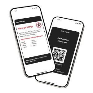 Alpha-gal Allergy Digital Card displayed on a smartphone, showing allergy information for red meat such as beef, pork, lamb, venison, and mammal-derived products like gelatin.