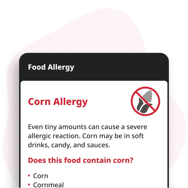 Maïsallergie Digitale Kaart weergegeven op een smartphone, met allergie-informatie voor maïs, maïsmeel, maïssiroop, maïzena en popcorn.