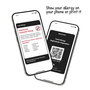 Nachtschade-groentenallergie Digitale Kaart weergegeven op een smartphone, met allergie-informatie voor tomaten, aardappelen, aubergines, paprika's en chilipepers.