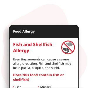Vis en zeevruchten-allergie Digitale Kaart weergegeven op een smartphone, met allergie-informatie voor vis en zeevruchten zoals zalm, tonijn, kabeljauw en forel, en schaaldieren zoals garnalen, krab, kreeft, mosselen en Sint-jakobsschelpen.