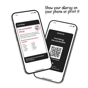 Vis en zeevruchten-allergie Digitale Kaart weergegeven op een smartphone, met allergie-informatie voor vis en zeevruchten zoals zalm, tonijn, kabeljauw en forel, en schaaldieren zoals garnalen, krab, kreeft, mosselen en Sint-jakobsschelpen.