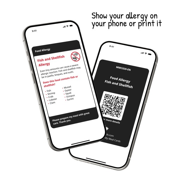 Vis en zeevruchten-allergie Digitale Kaart weergegeven op een smartphone, met allergie-informatie voor vis en zeevruchten zoals zalm, tonijn, kabeljauw en forel, en schaaldieren zoals garnalen, krab, kreeft, mosselen en Sint-jakobsschelpen.