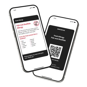 Fish and Shellfish Allergy Digital Card displayed on a smartphone, showing allergy information for fish such as salmon, tuna, cod, and trout, and shellfish including shrimp, crab, lobster, clams, mussels, and scallops.
