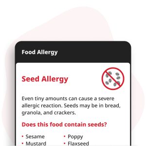 Zadenallergie Digitale Kaart weergegeven op een smartphone, met allergie-informatie voor zonnebloemzaden, pompoenzaden, sesamzaden, maanzaad en lijnzaad.