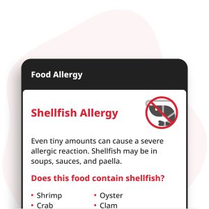 Zeevruchten-allergie Digitale Kaart weergegeven op een smartphone, met allergie-informatie voor schaaldieren zoals garnalen, krab, kreeft en weekdieren zoals mosselen, Mossels en Sint-jakobsschelp.