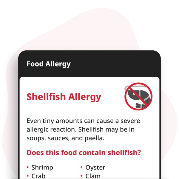 Zeevruchten-allergie Digitale Kaart weergegeven op een smartphone, met allergie-informatie voor schaaldieren zoals garnalen, krab, kreeft en weekdieren zoals mosselen, Mossels en Sint-jakobsschelp.
